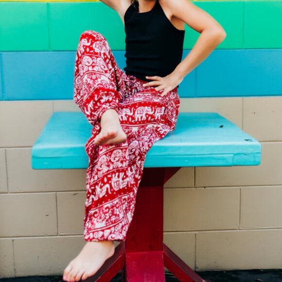 Kids Red Lotus Harem Pant Unisex Cotton Printed Travel Boho Hippie Pants Red - Picture 5 of 9